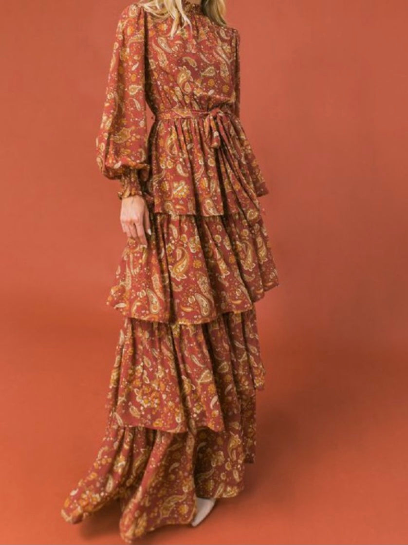 Burgundy Paisley Tiered Long Sleeve Maxi