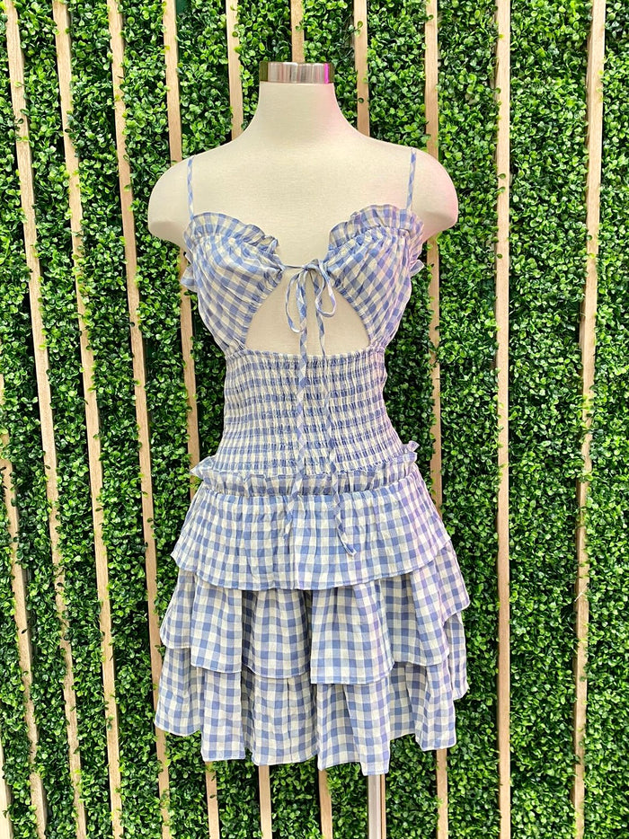 Blue Gingham Cutout Ruffle Dress