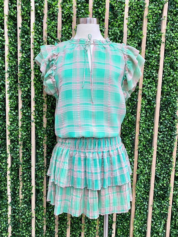 Green Pink Plaid Ruffled Short Dress