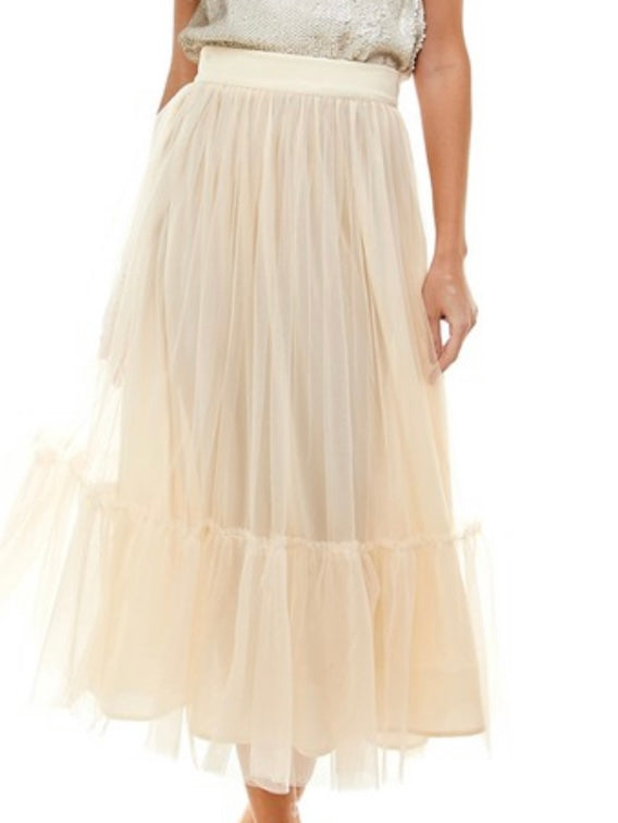 Cream Tiered TUlle Midi Skirt