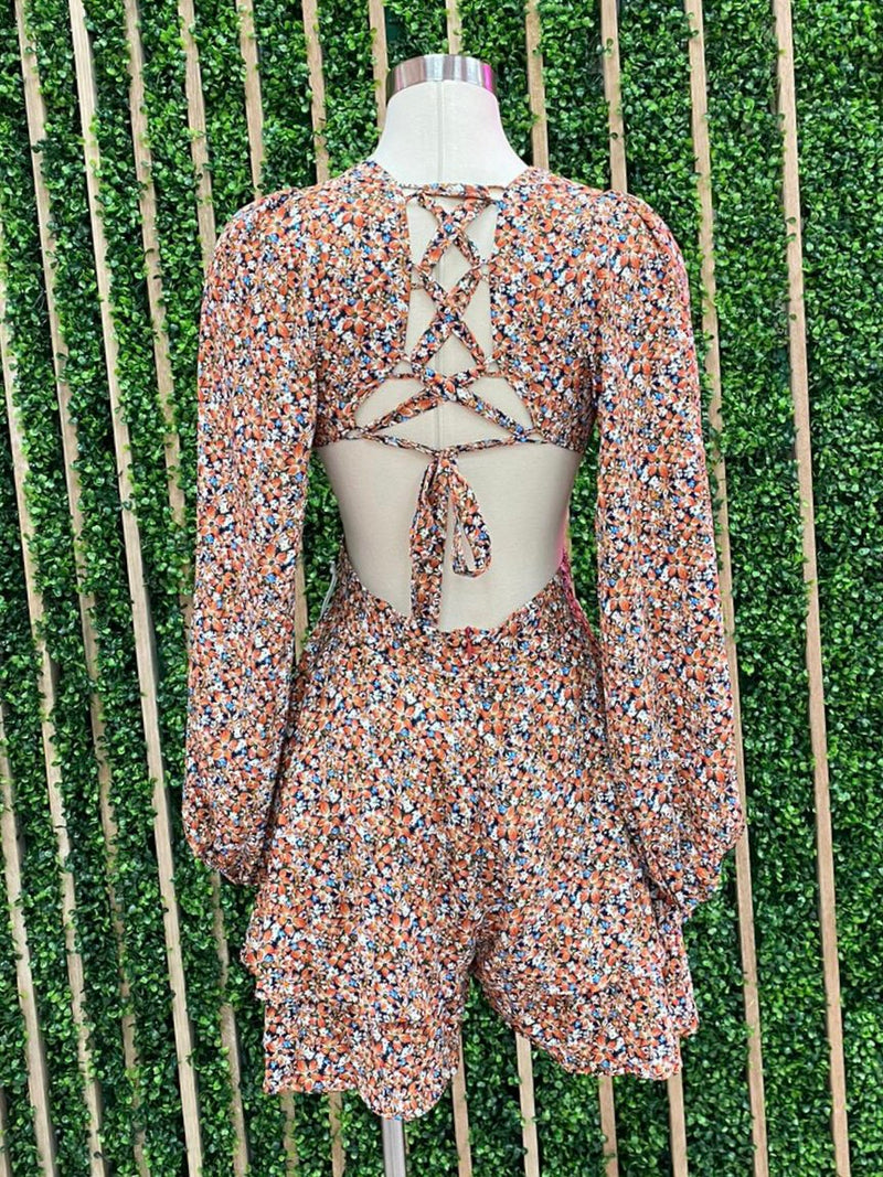 Orange Multi Print Lace Up Romper