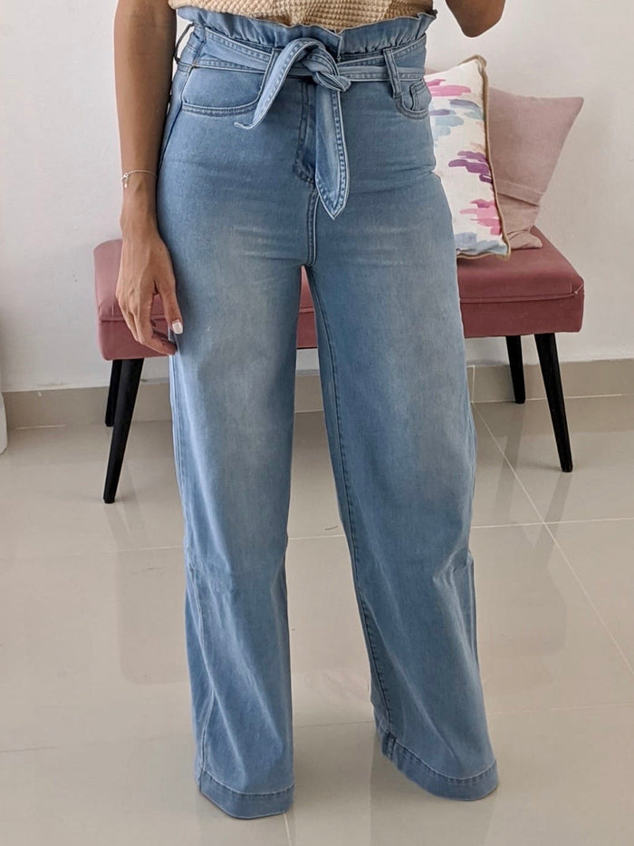 Ruffle Waist Wide Leg Jean