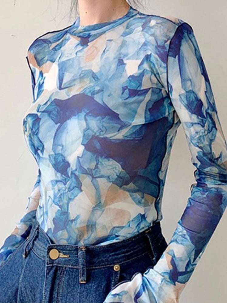 Blue Tie Dye Turtle Neck Top