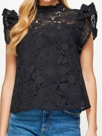 Black Lace Ruffled Neck Blouse