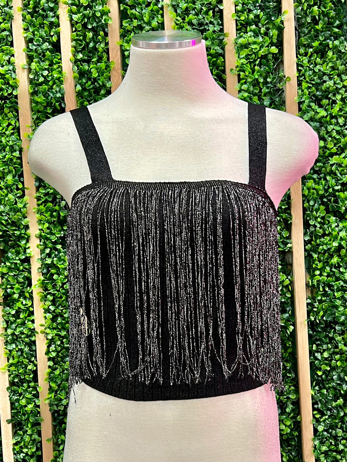 Fringe Detail Metallic Sleeveless Top