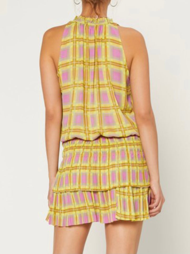 Yellow Plaid Sleeveles Ruched Short Dress