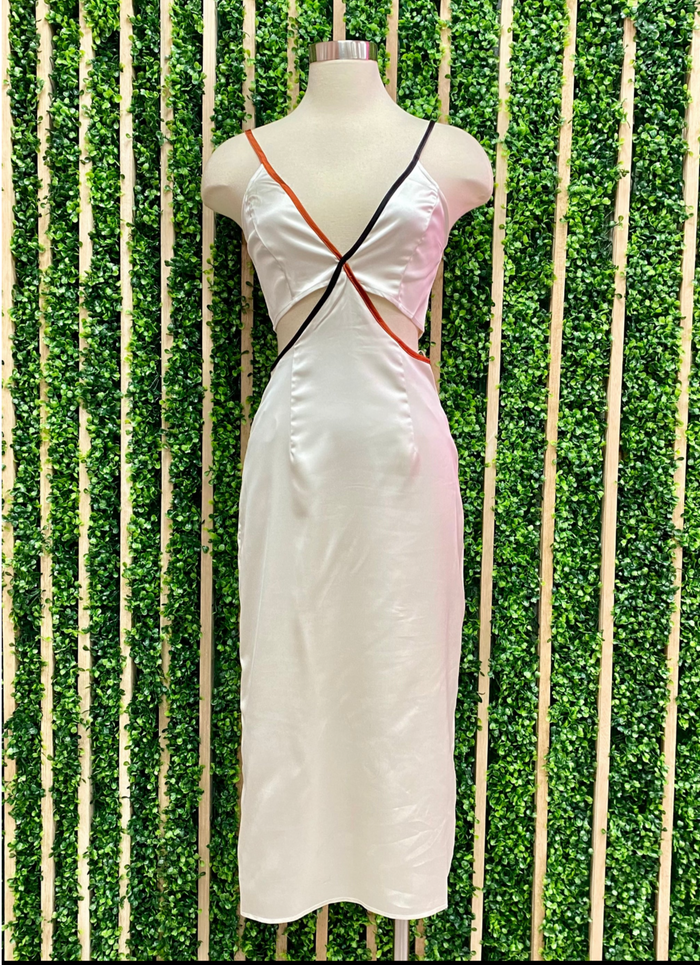 Delicate Ivory Contrast Trim Cutout Midi Dress