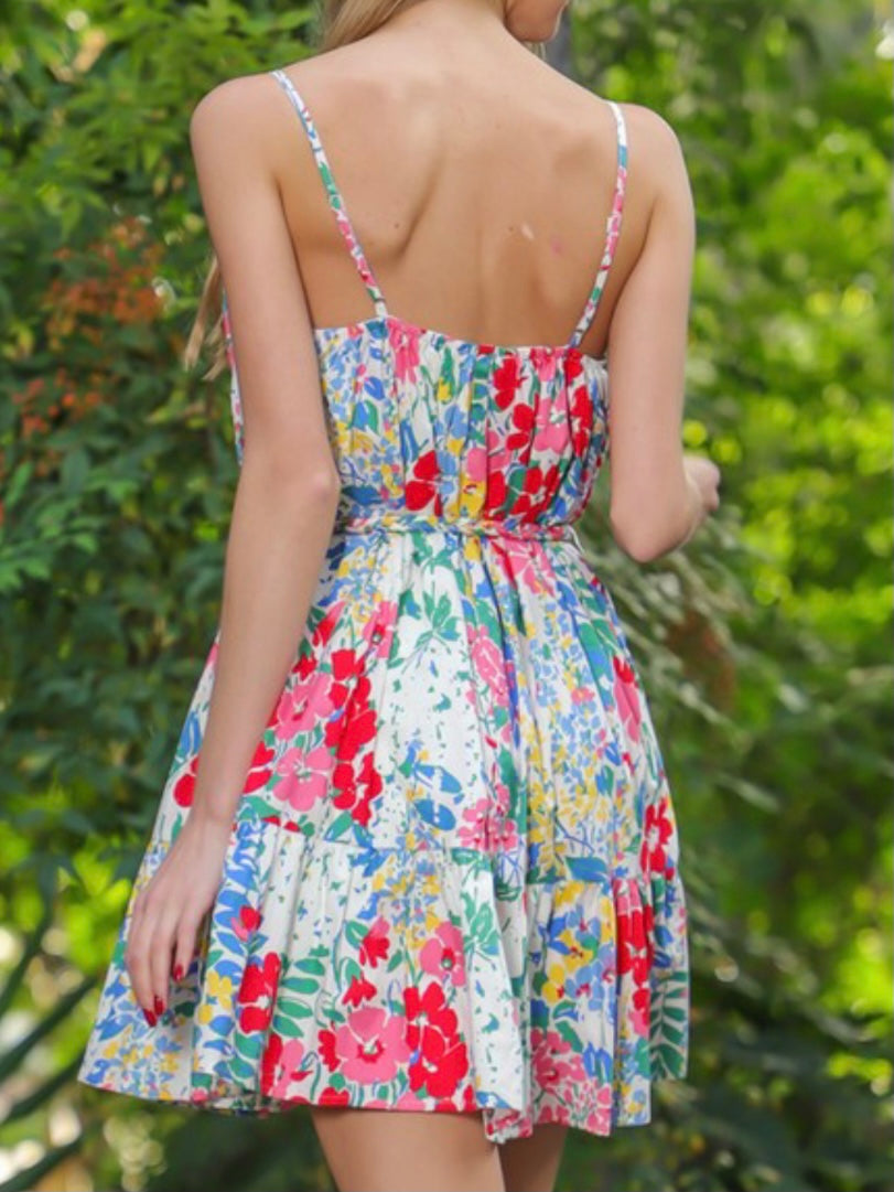 Multi Floral Strappy Tiered Short Dress