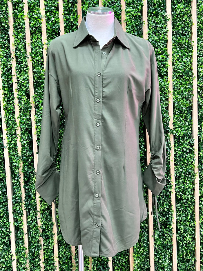 Olive Button Down Blouse Short Dress