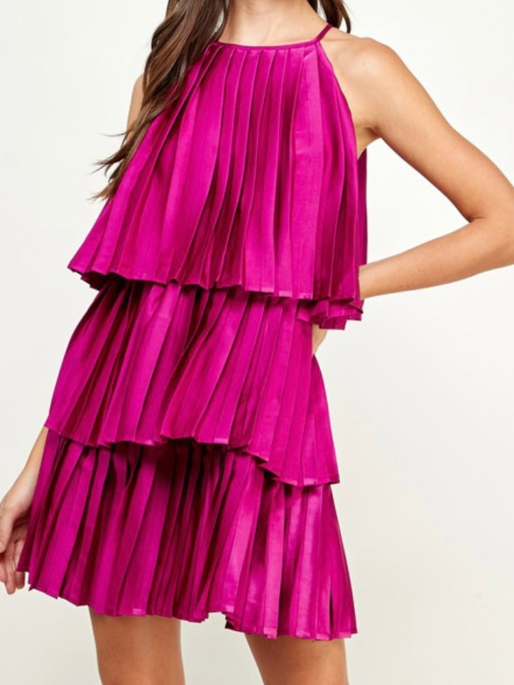 Magenta Pleated Short Dress