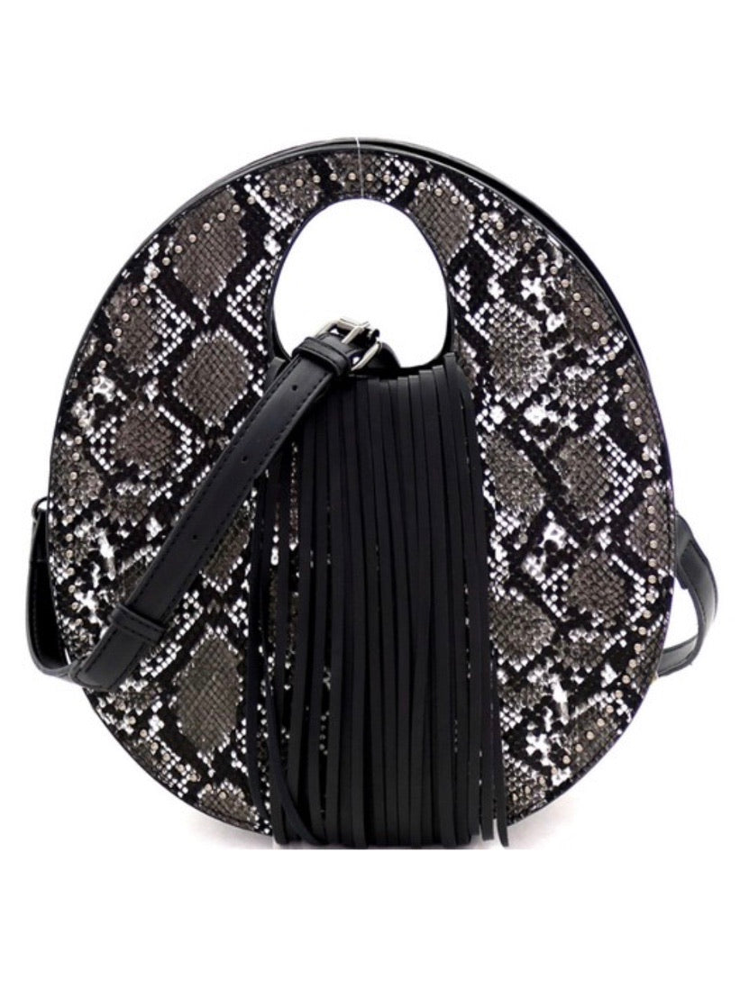 Black Snakeprint Fringe Round Bag