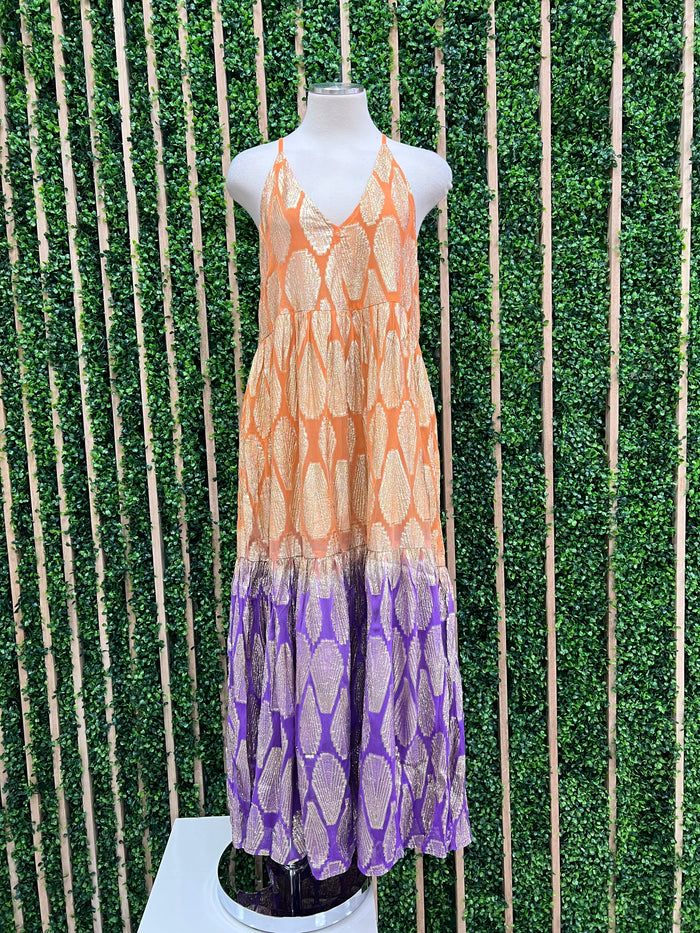 Exquisite Gold Embroidered Orange Purple Maxi Dress