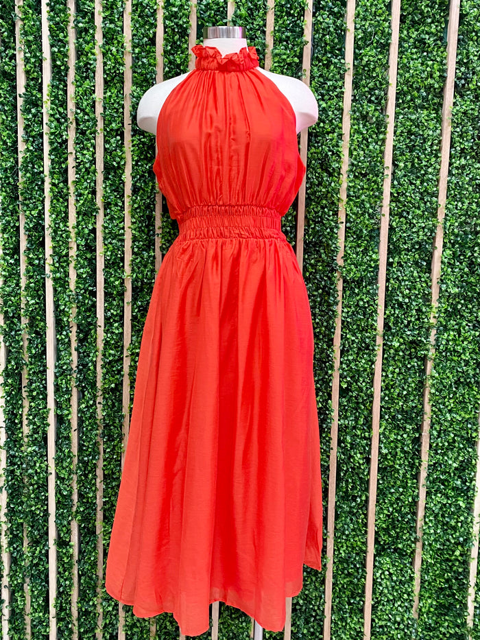 Red High Neck Midi Dress