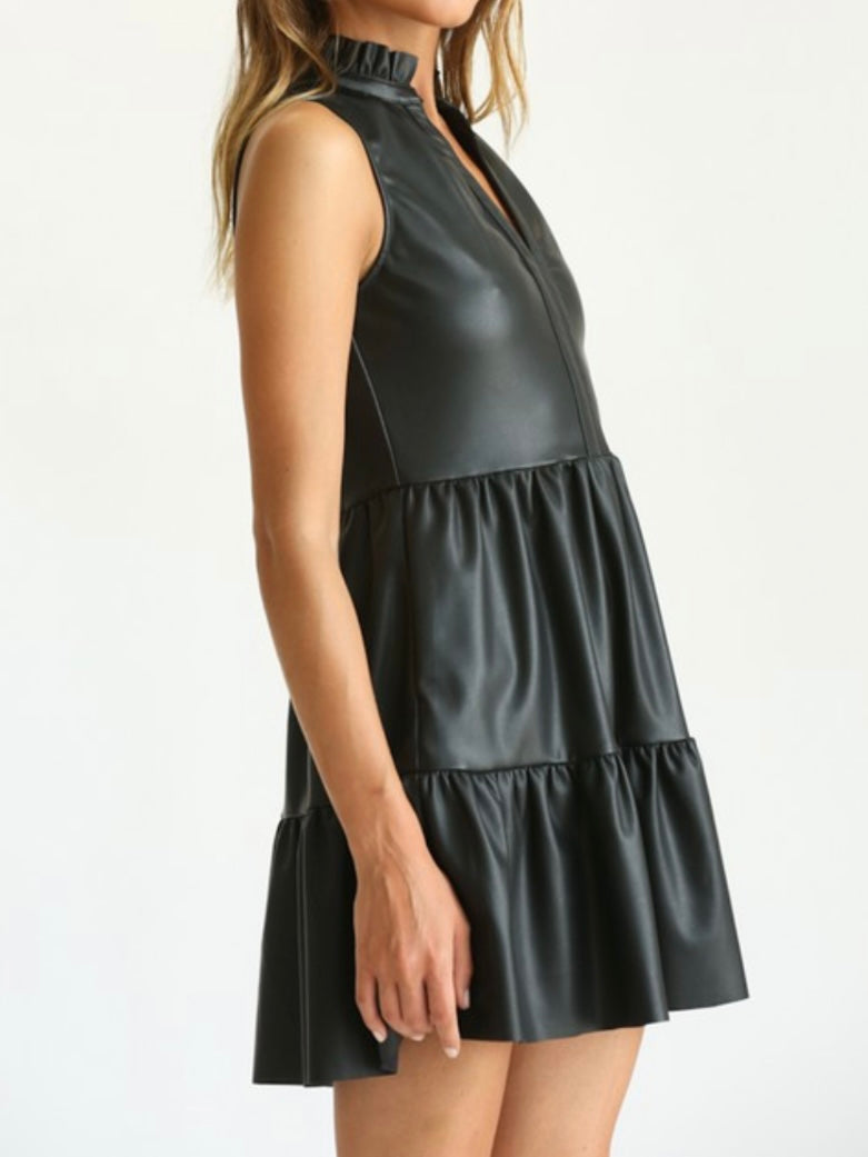 Black Sleeveless Tiered Pleather Dress