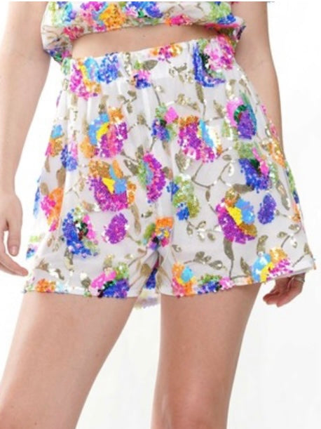 Multi Floral Sequin Embroidered Short Pant