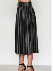 Black Pleather Pleated Midi Skirt