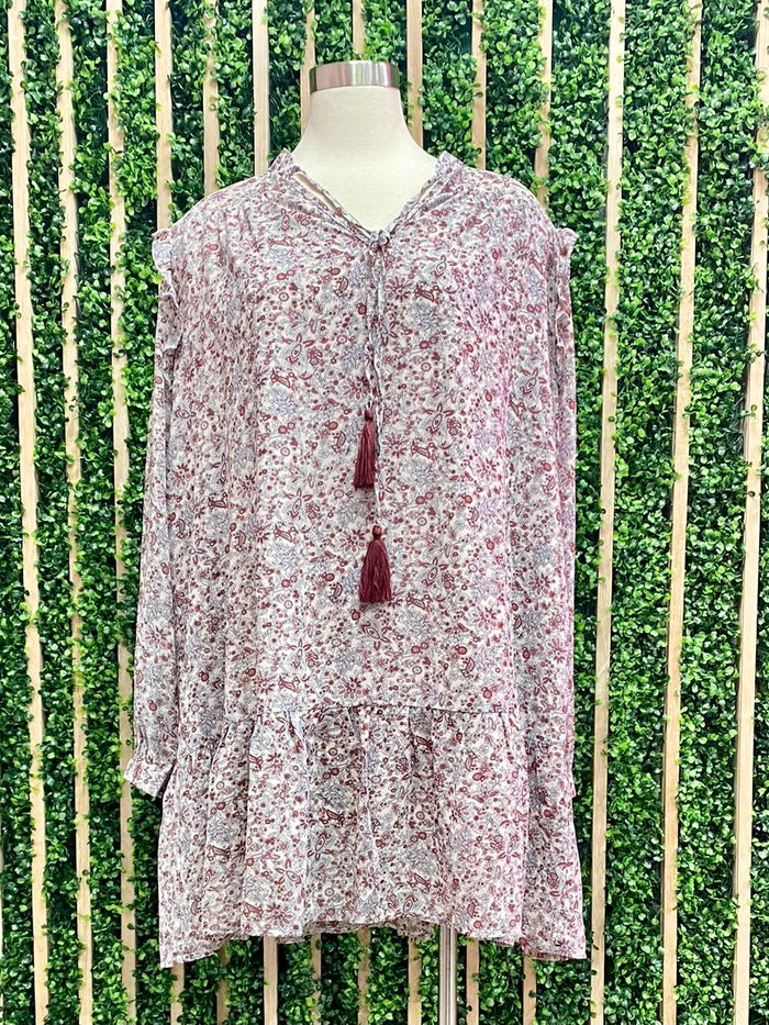 Sage Burgundy Paisley Drop Waist Dress