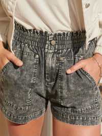 Black Acid Wash Paper Bag Denim Shorts