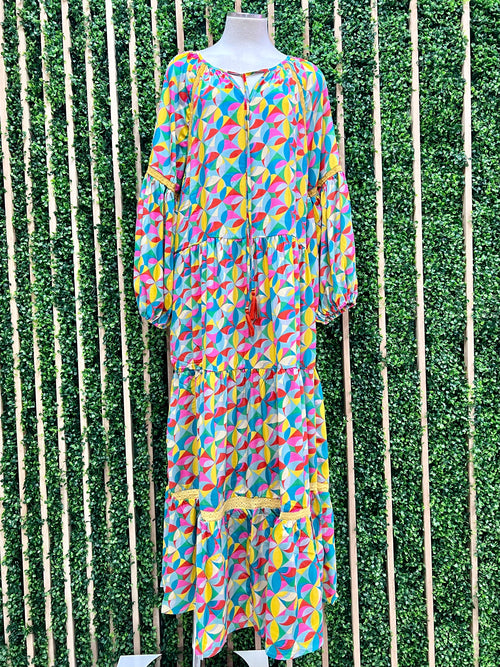 Exquisite Multi Pinwheel Long Sleeve Maxi Dress