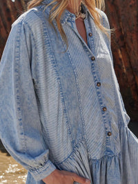 Blue Acid Wash Stripe Detail Drop Waist Dress