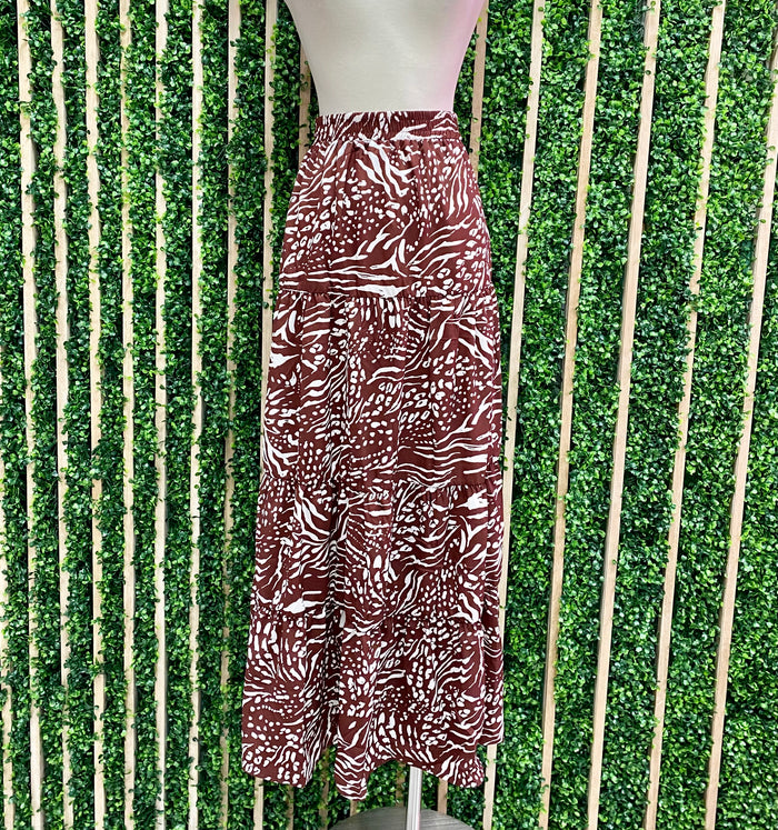 Brown Plum Abstract Print Maxi Skirt