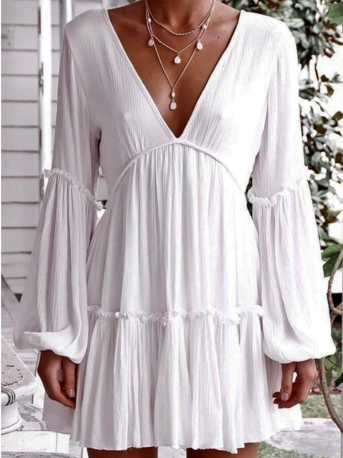 Boho Puff Sleeve V Neck Dress