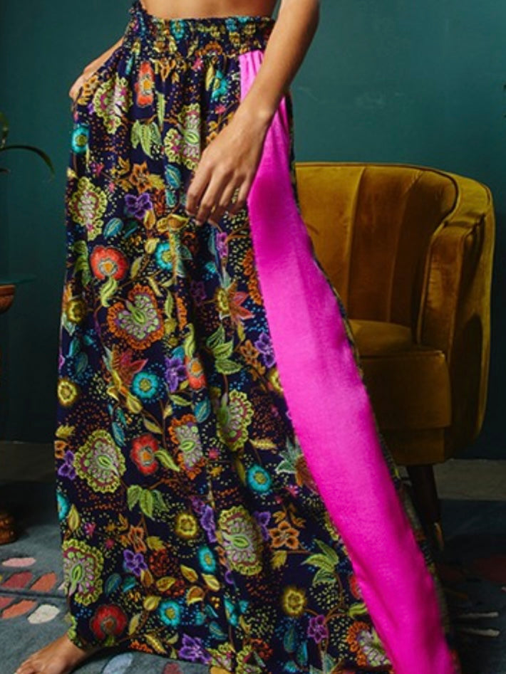 Navy Fuchsia Paisley Wide Leg Pant