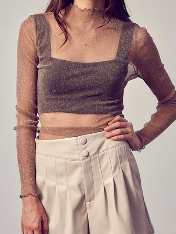 Mock Neck Glitter Mesh Top