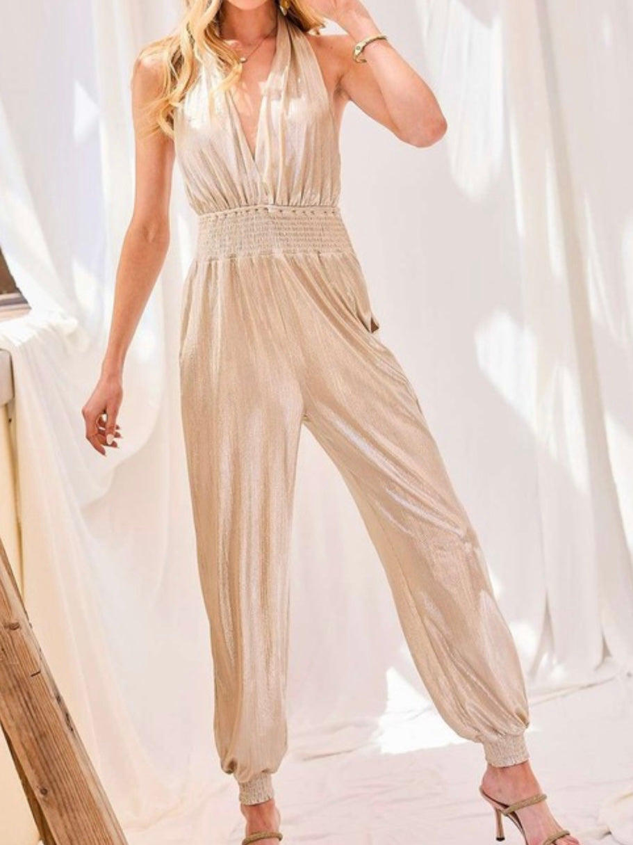 Metallic Champagne Halter Jumpsuit