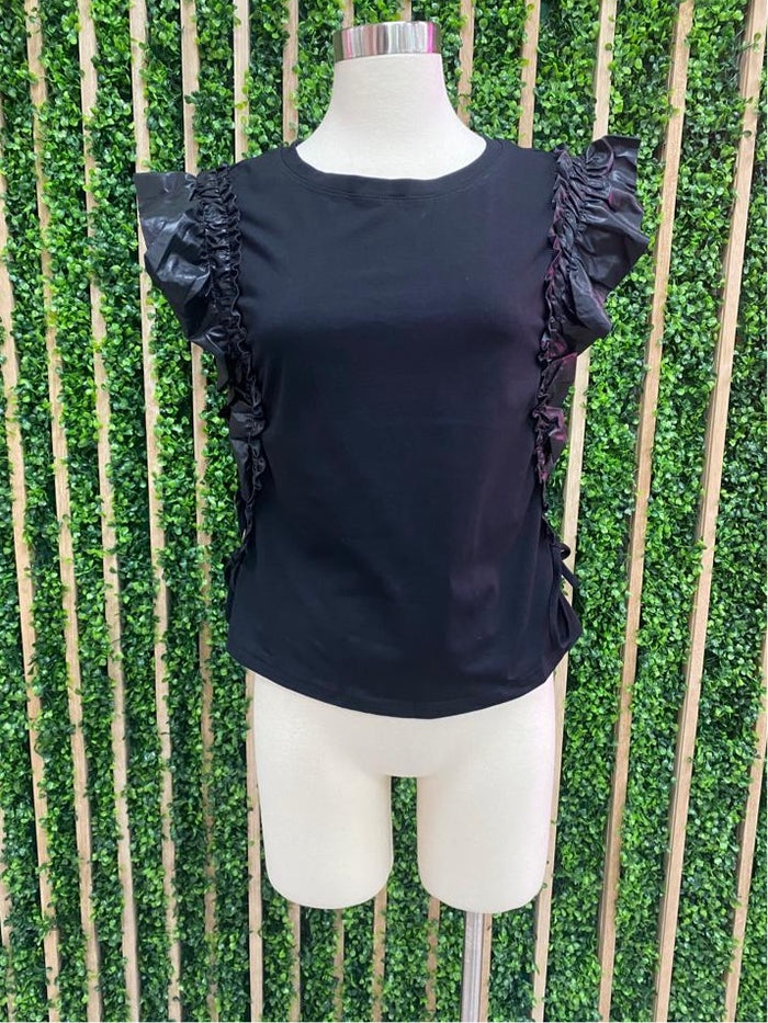 Pleather Trim Ruffle Sleeve Top