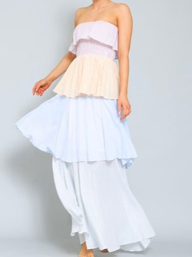 Gingham Color Block Tiered Strapless Dress