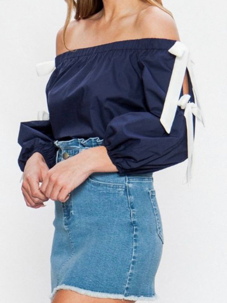 Navy Bow Detail Off Shoulder Top