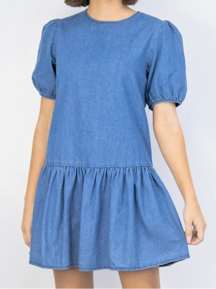 Denim Balloon Sleeve Short Dress
