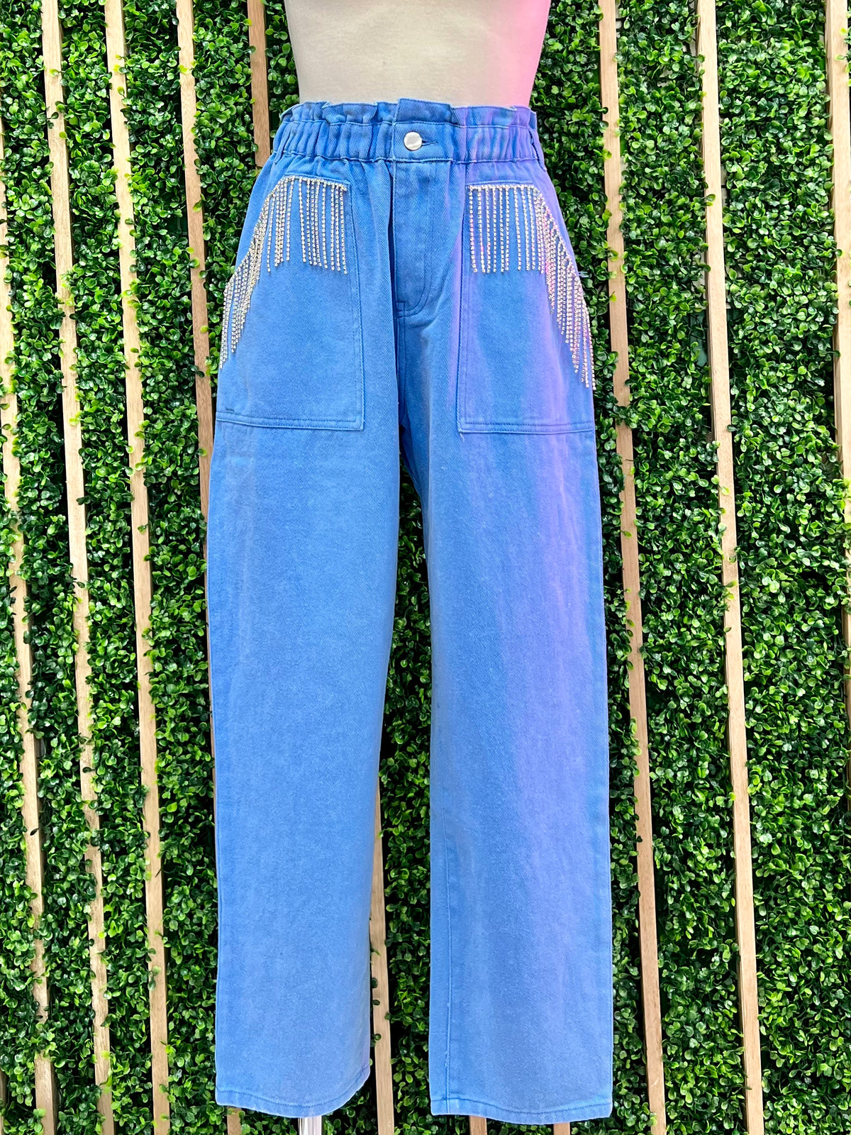 Blue Rhinestone Detail Paperbag Denim
