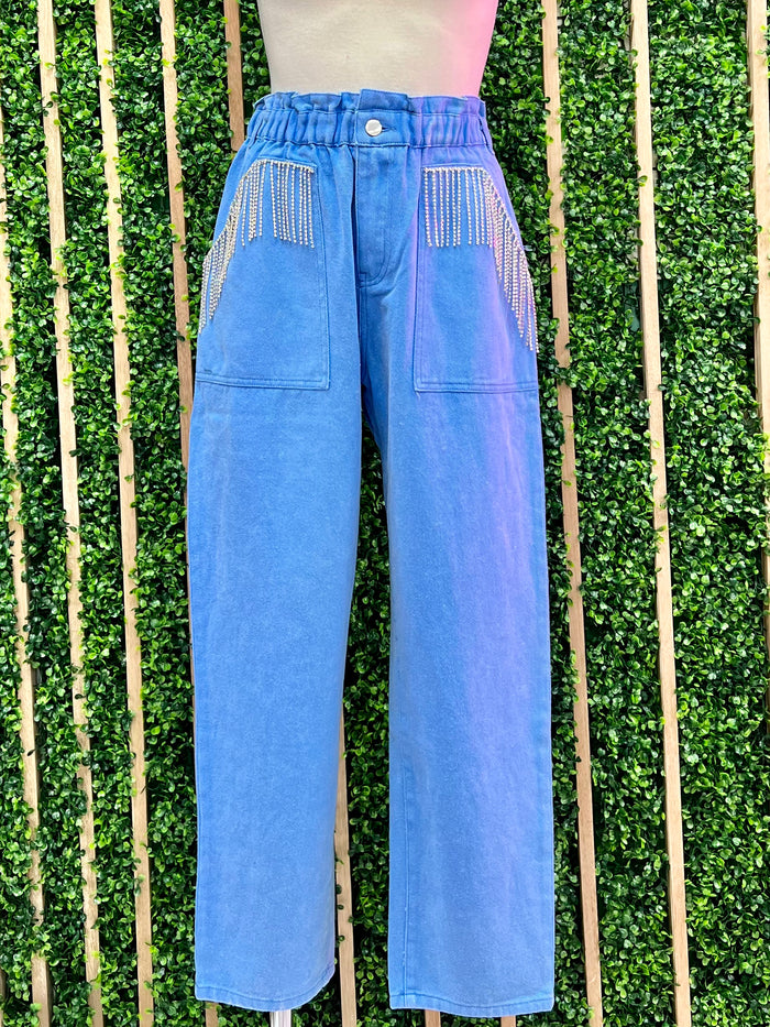 Blue Rhinestone Detail Paperbag Denim