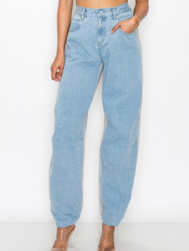 Contrast Sleeve Denim Jumpsuit