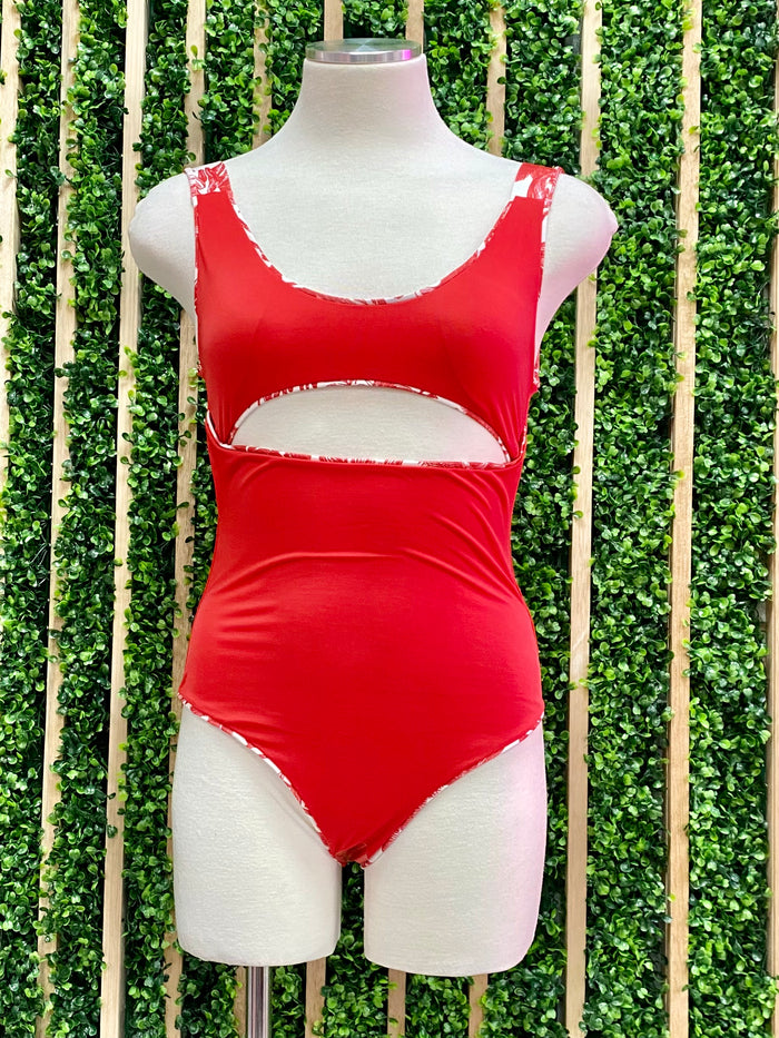 Red Tropical Cutout One Piece Swimsuit