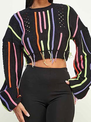 Multicolor Stitching Crop Sweater