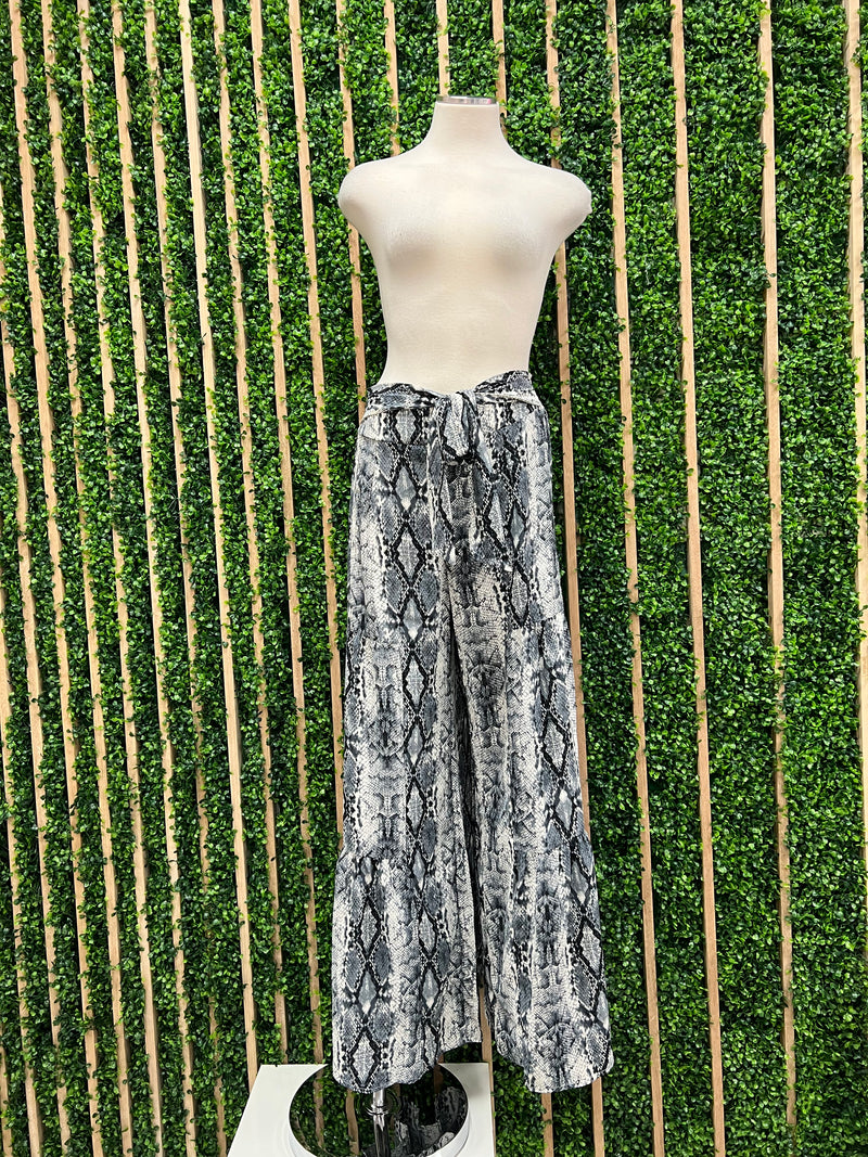 Grey Snake Wide Leg Tiered Pants