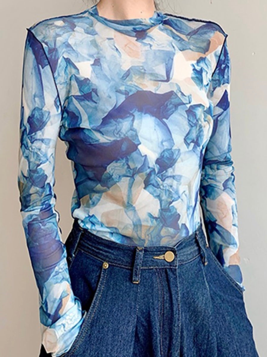 Blue Tie Dye Turtle Neck Top