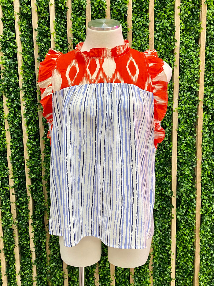 Blue Red Mixed Print Top