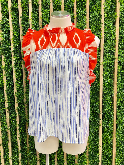 Blue Red Mixed Print Top
