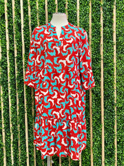 Aqua Red  Print Tiered Short Dress