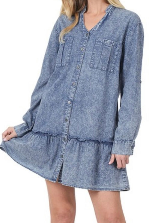 Blue Washed Chambray Drop Waist Short