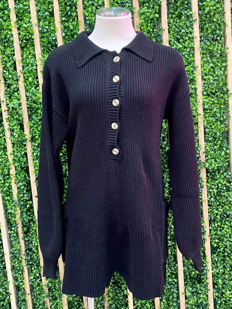 Black Button Up Sweater Romper