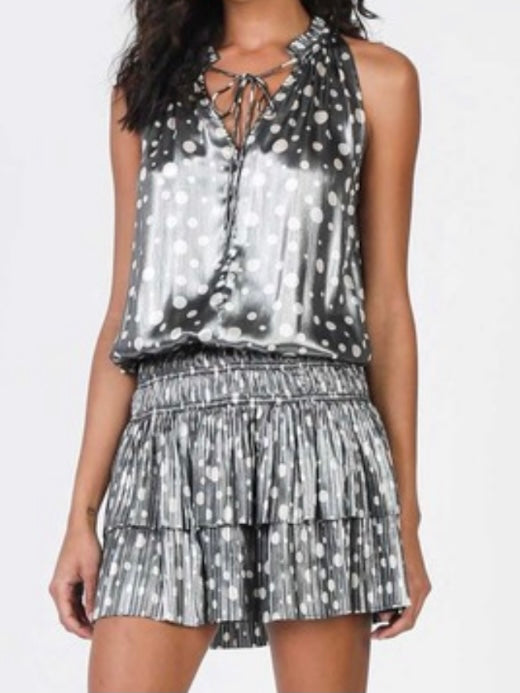 Black Silver Dotted Smocked Short Dress