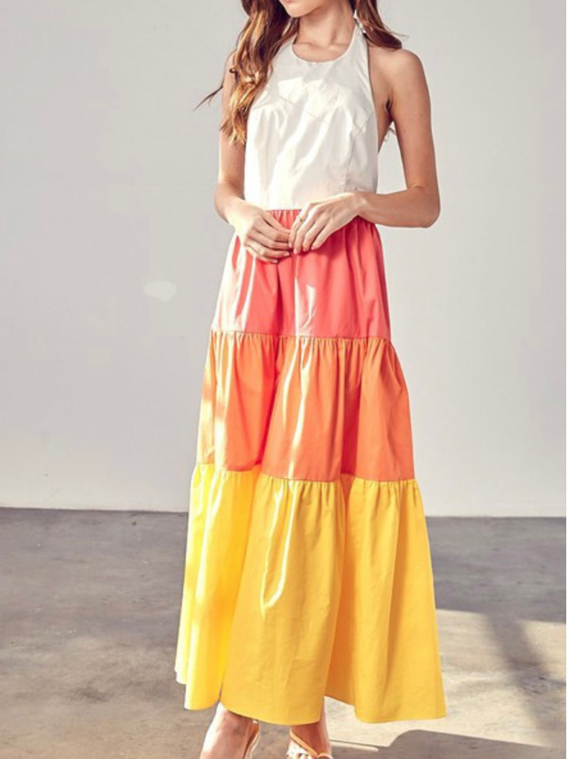 Color Block Halter Midi Dress