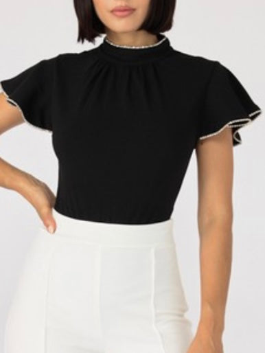 Rhinestone Trim Flare Sleeves Bodysuit