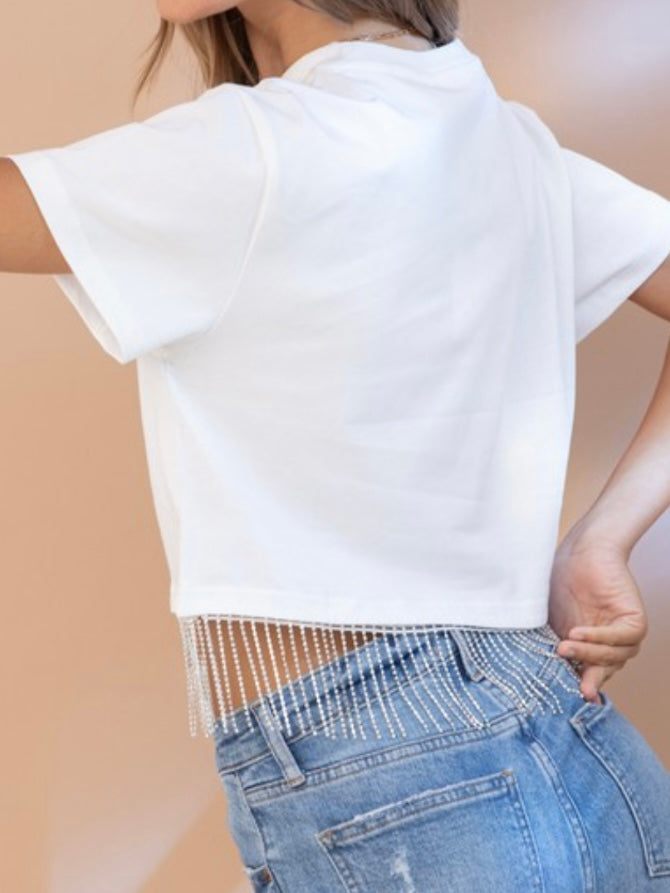 Rhinestone Fringe Crop Shirt