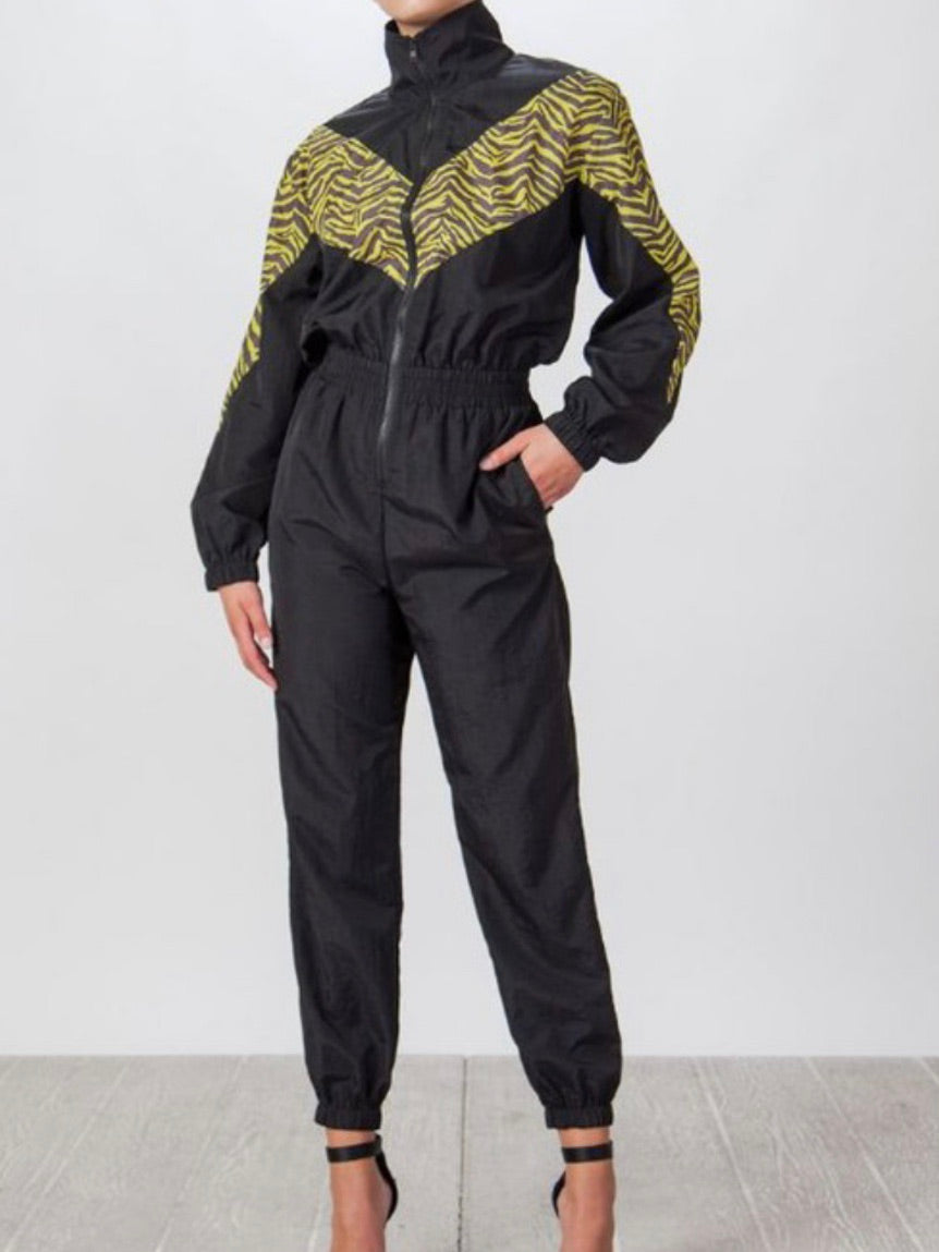 Black Animal Print Contrast Jumpsuit